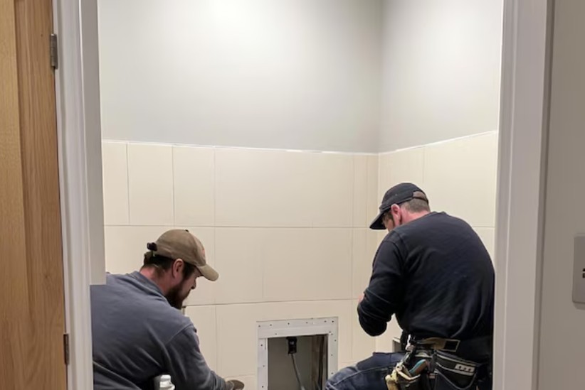 Professional plumber working under sink